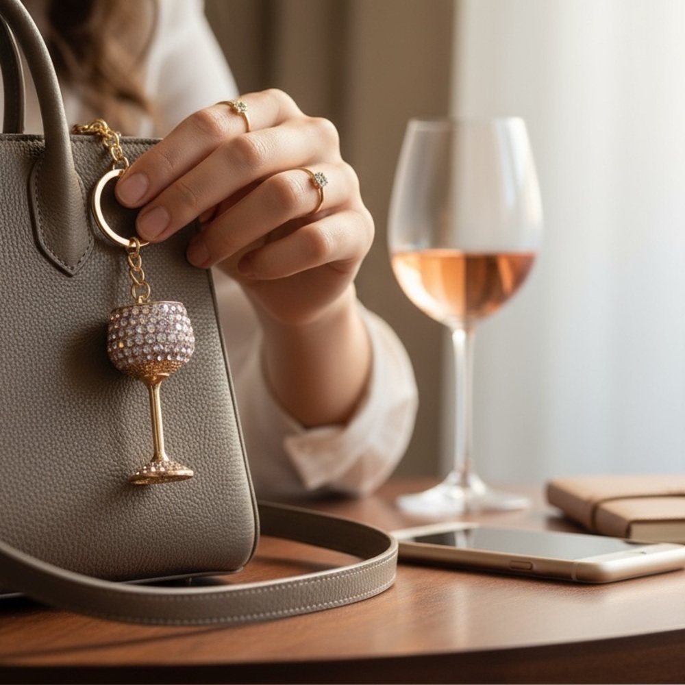 NEW Adorable Sparkly Wine Glass Bag Charm / Key Ring  w/ white stones - Gift!